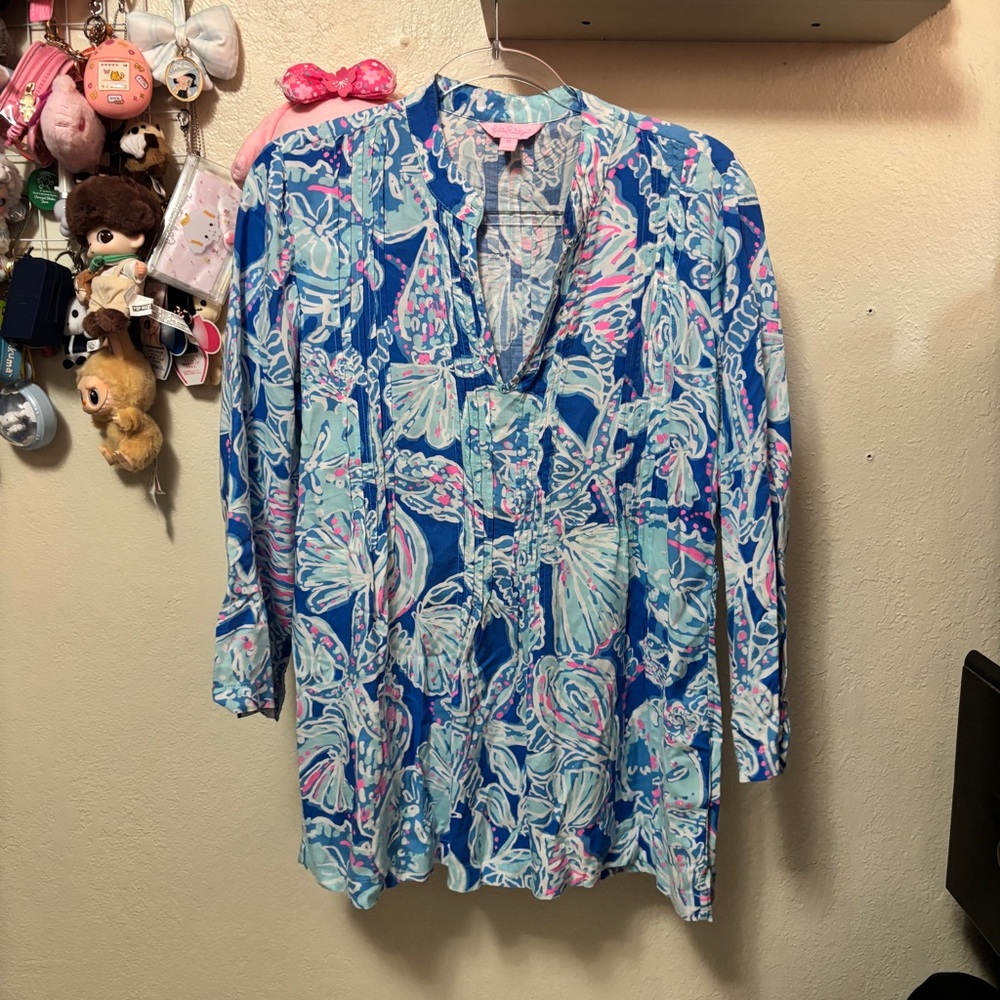 Lilly Pulitzer Sarasota Tunic Top Bay Blue Into the Deep Long Sleeve Top Medium - Picture 2 of 12